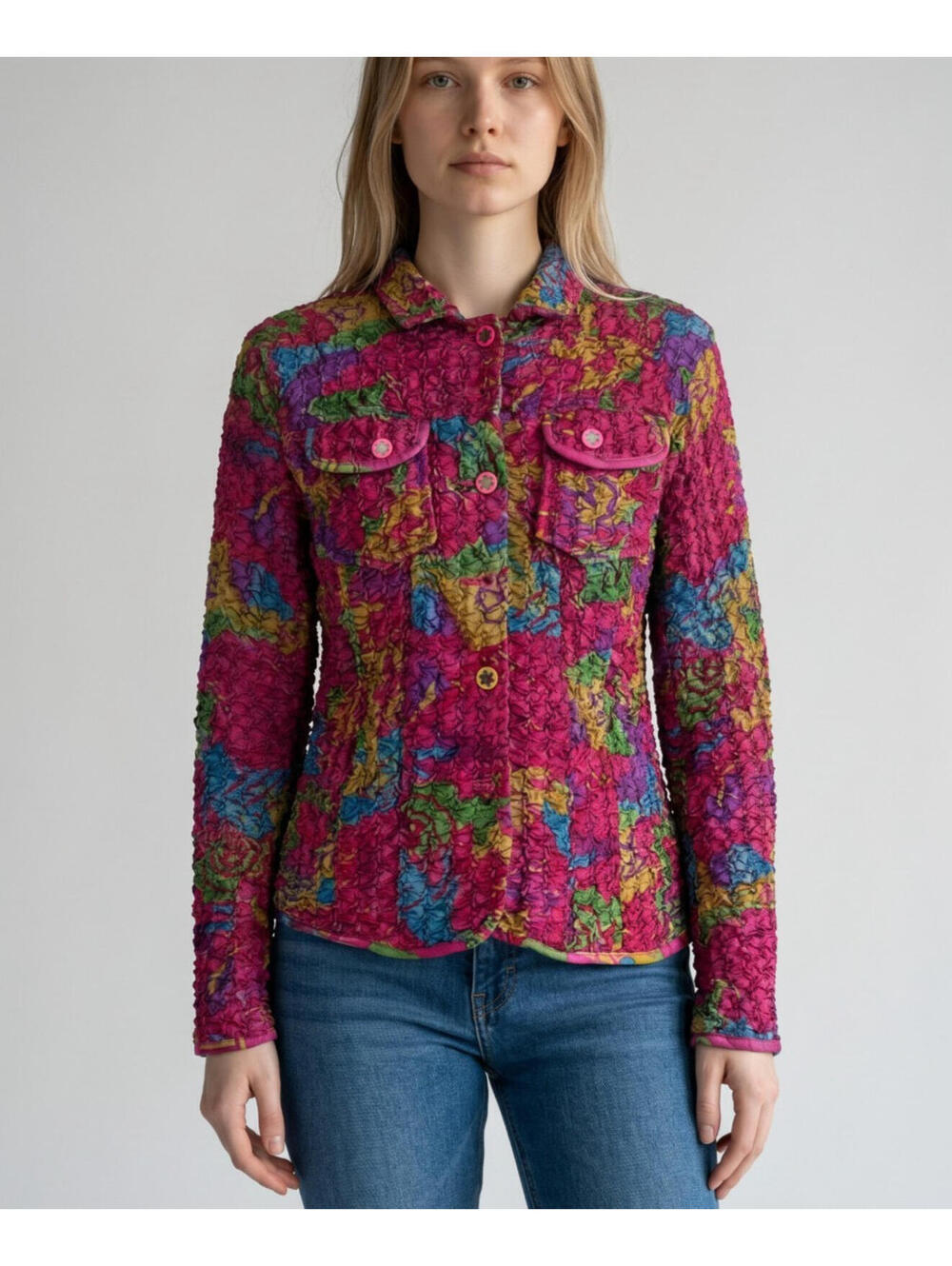 Vintage Ekumi Japan Textured Colorful Crinkle 100% Silk Foral Button Up Jacket M